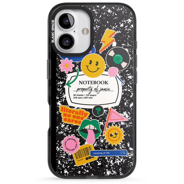 iPhone 16 Pro Max Personalised Notebook Cover with Stickers Black Impact Phone Case