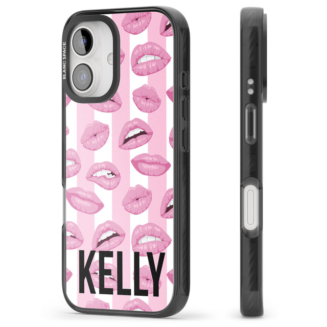 iPhone 16 Pro Max Personalised Pink Stripes & Lips Black Impact Phone Case