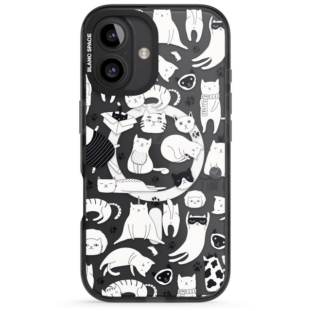 iPhone 16 Pro Max Cartoon Cat Collage - Black & White Black Impact Phone Case