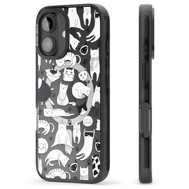 iPhone 16 Pro Max Cartoon Cat Collage - Black & White Black Impact Phone Case