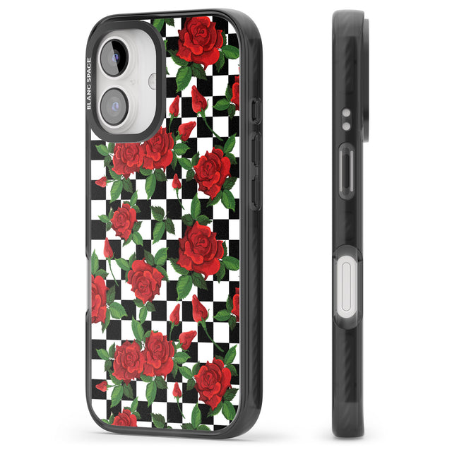 iPhone 16 Pro Max Checkered Pattern & Red Roses Black Impact Phone Case