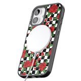 iPhone 16 Pro Max Checkered Pattern & Red Roses Black Impact Phone Case