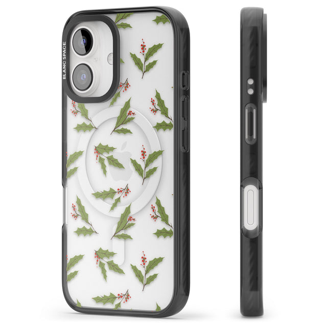 iPhone 16 Pro Max Christmas Holly Pattern Black Impact Phone Case