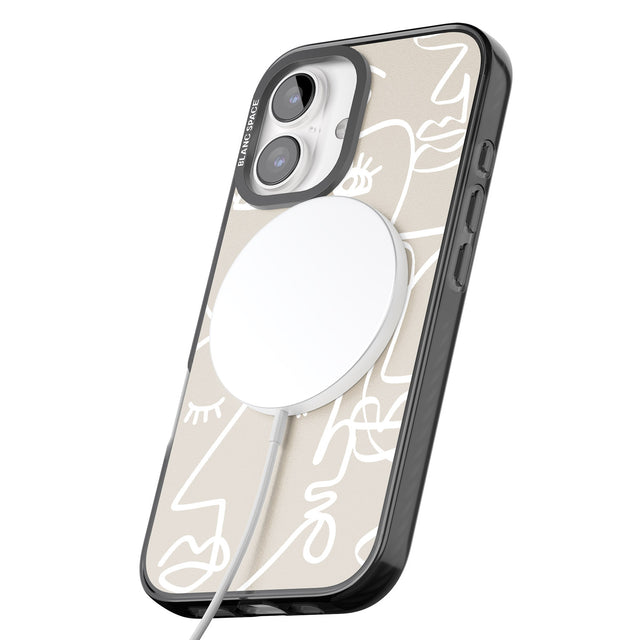 iPhone 16 Pro Max Abstract Continuous Line Faces White on Beige Black Impact Phone Case