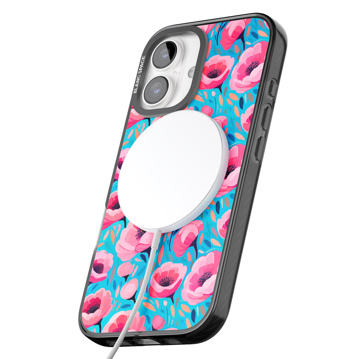 iPhone 16 Pro Max Tropical Pink Poppies Black Impact Phone Case