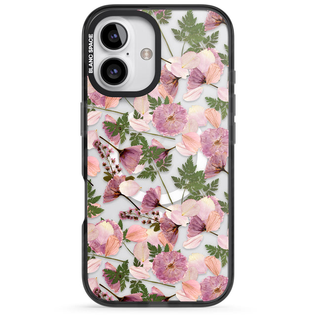 iPhone 16 Pro Max Leafy Floral Pattern Transparent Design Black Impact Phone Case