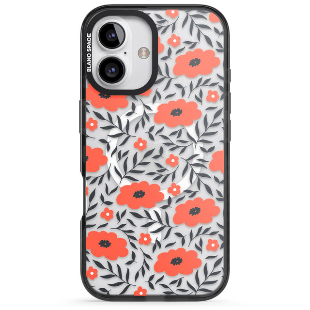 iPhone 16 Pro Max Red Poppy Transparent Floral Black Impact Phone Case