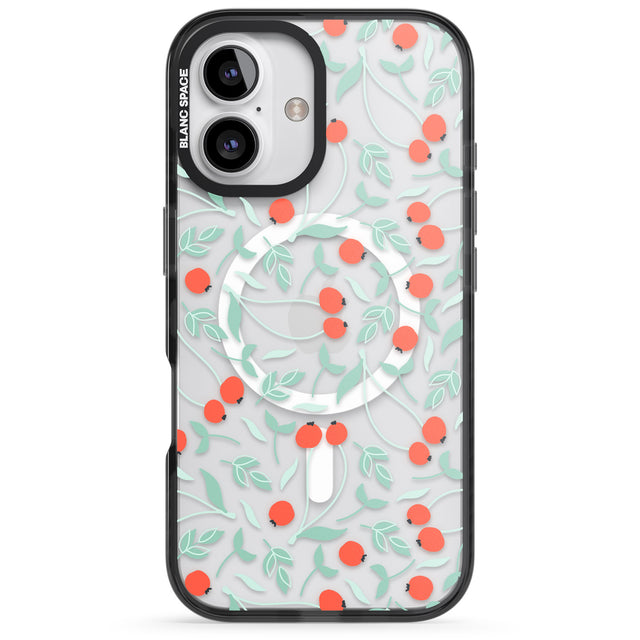 iPhone 16 Pro Max Red Berries Transparent Floral Black Impact Phone Case