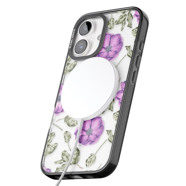 iPhone 16 Pro Max Purple Blossoms Transparent Floral Black Impact Phone Case