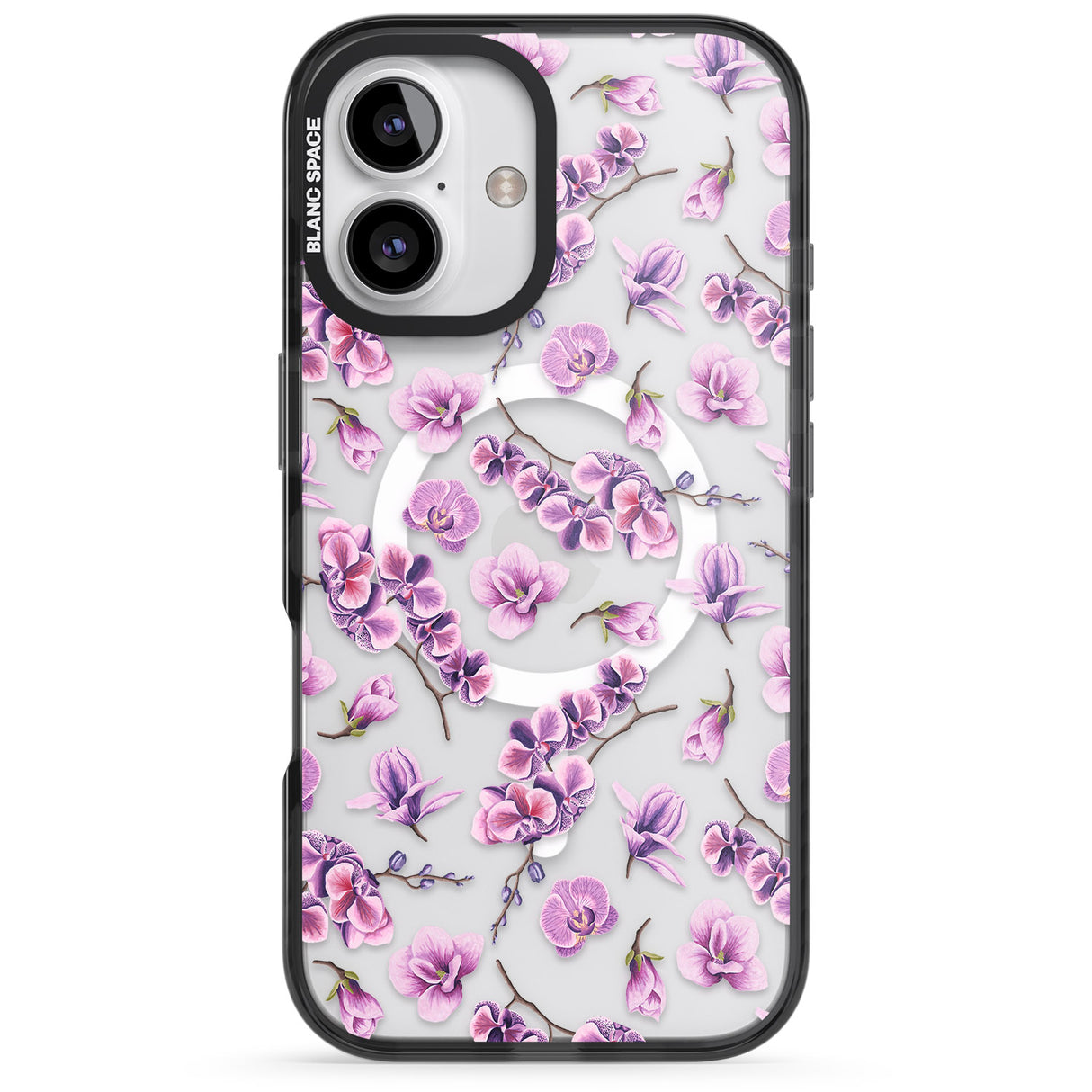 iPhone 16 Pro Max Purple Orchids Transparent Floral Black Impact Phone Case