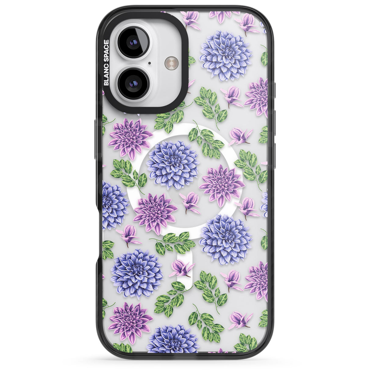 iPhone 16 Pro Max Purple Dahlias Transparent Floral Black Impact Phone Case