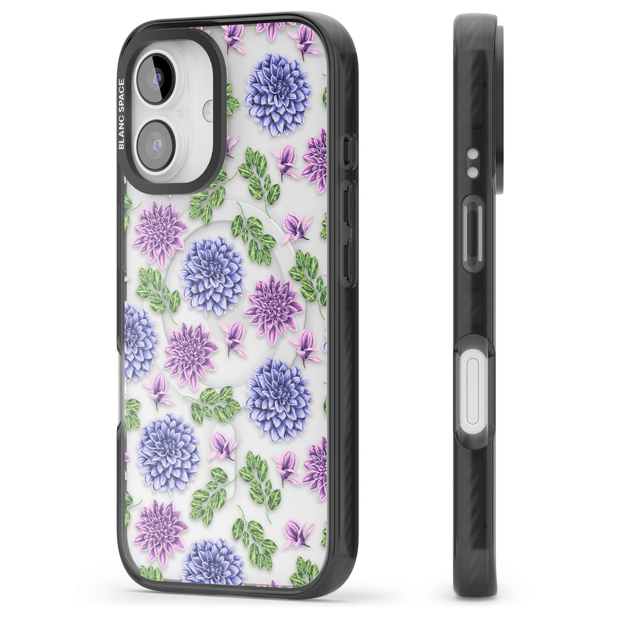 iPhone 16 Pro Max Purple Dahlias Transparent Floral Black Impact Phone Case