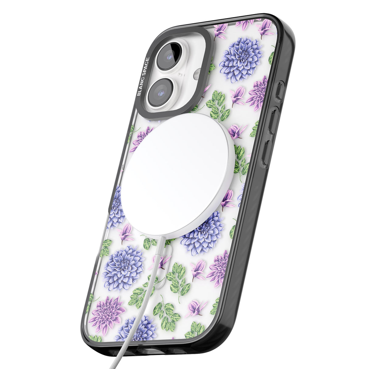 iPhone 16 Pro Max Purple Dahlias Transparent Floral Black Impact Phone Case