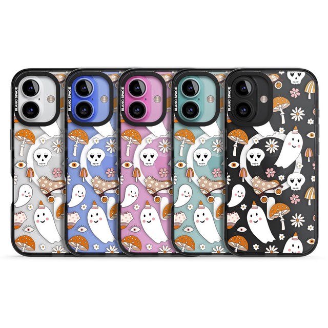 Cute Ghost and Skulls Pattern Black Impact Magsafe Phone Case for iPhone 16, iPhone 16 Plus