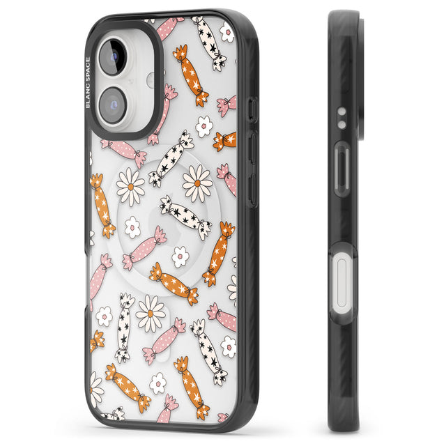 Floral Candy Black Impact Magsafe Phone Case for iPhone 16, iPhone 16 Plus