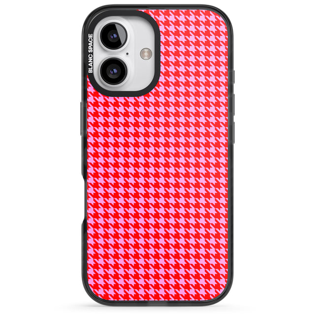 iPhone 16 Pro Max Neon Pink & Red Houndstooth Pattern Black Impact Phone Case