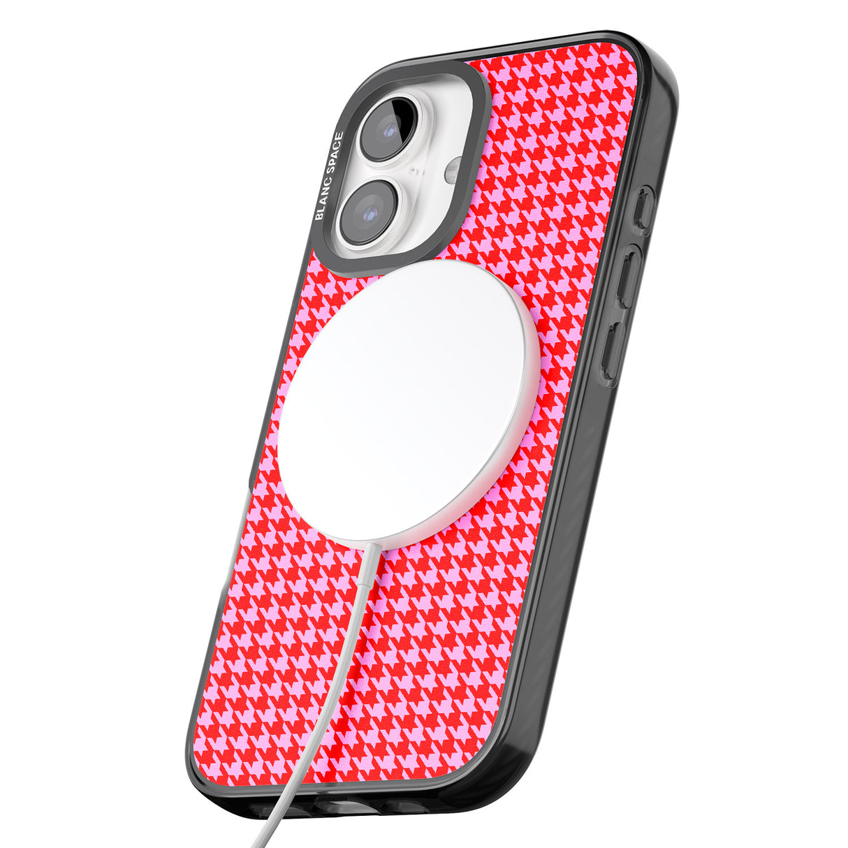 iPhone 16 Pro Max Neon Pink & Red Houndstooth Pattern Black Impact Phone Case