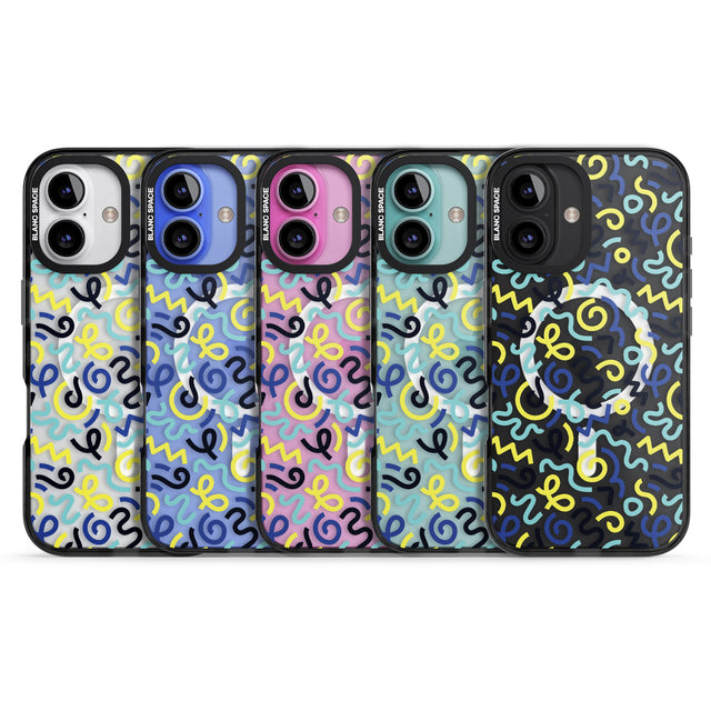 iPhone 16 Pro Max Blue & Yellow Shapes Memphis Retro Pattern Design Black Impact Phone Case