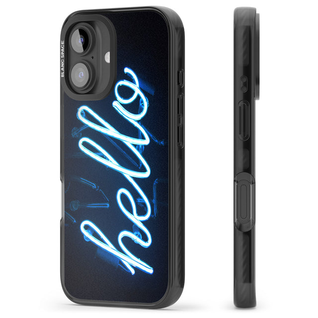 iPhone 16 Pro Max "Hello" Blue Cursive Neon Sign Black Impact Phone Case