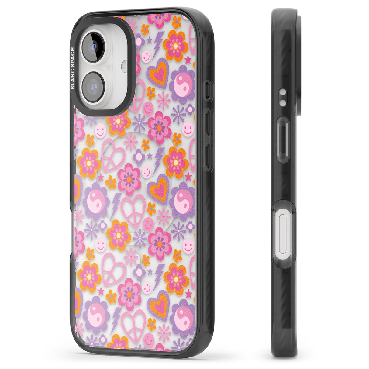 iPhone 16 Pro Max Peace, Love and Flowers Pattern Black Impact Phone Case