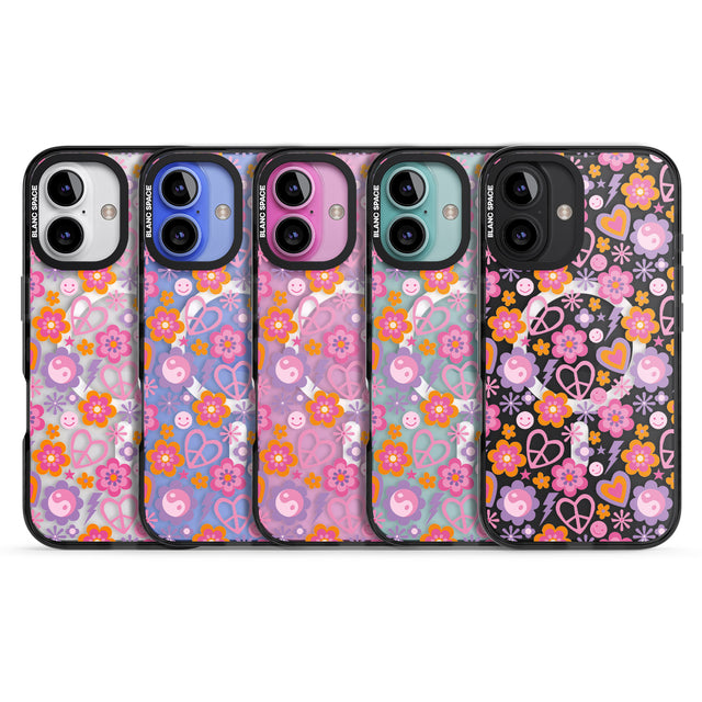 iPhone 16 Pro Max Peace, Love and Flowers Pattern Black Impact Phone Case