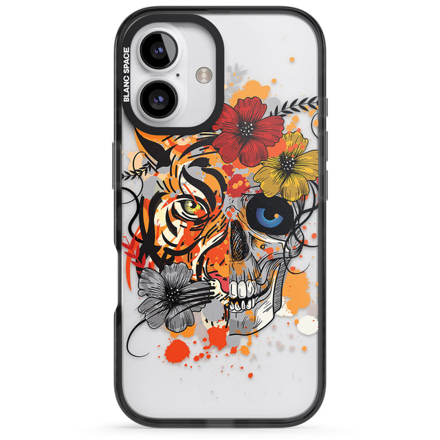 iPhone 16 Pro Max Sugar Skull Tiger Floral Black Impact Phone Case