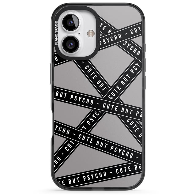 iPhone 16 Pro Max Caution Tape Phrases Cute But Psycho Black Impact Phone Case