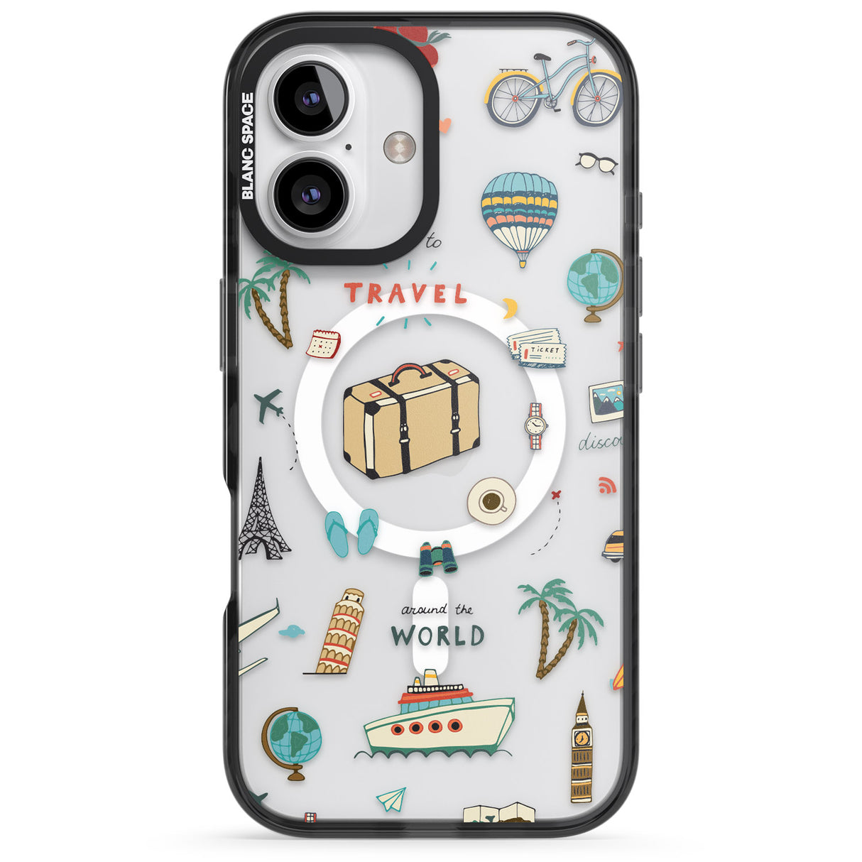 iPhone 16 Pro Max Cute Travel Pattern Transparent Black Impact Phone Case