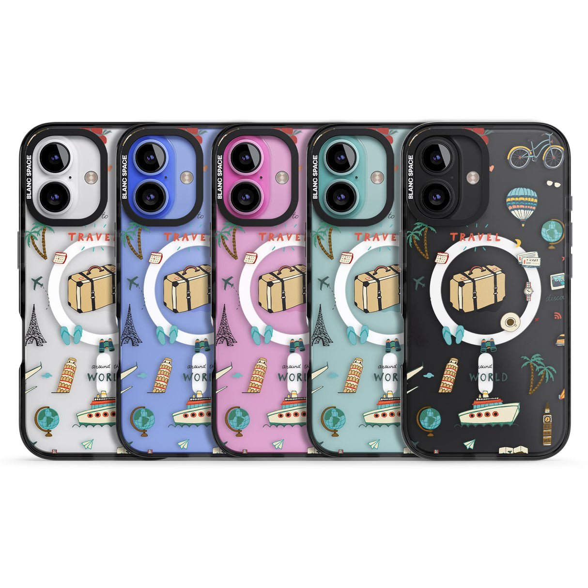 iPhone 16 Pro Max Cute Travel Pattern Transparent Black Impact Phone Case