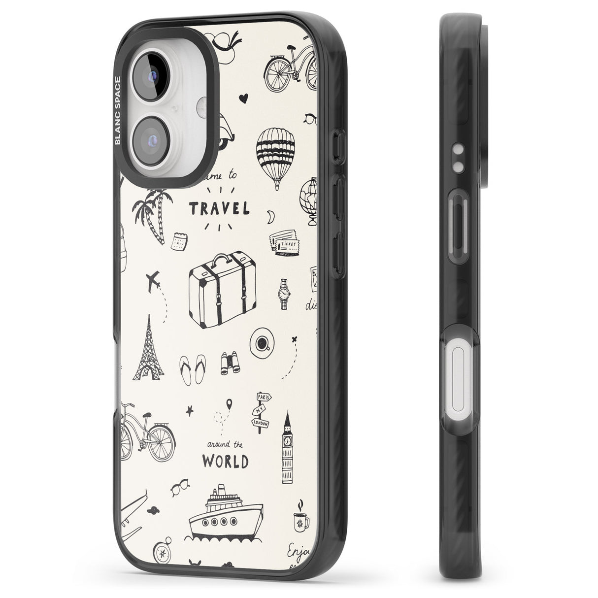 iPhone 16 Pro Max Cute Travel Pattern, White on Black Impact Phone Case