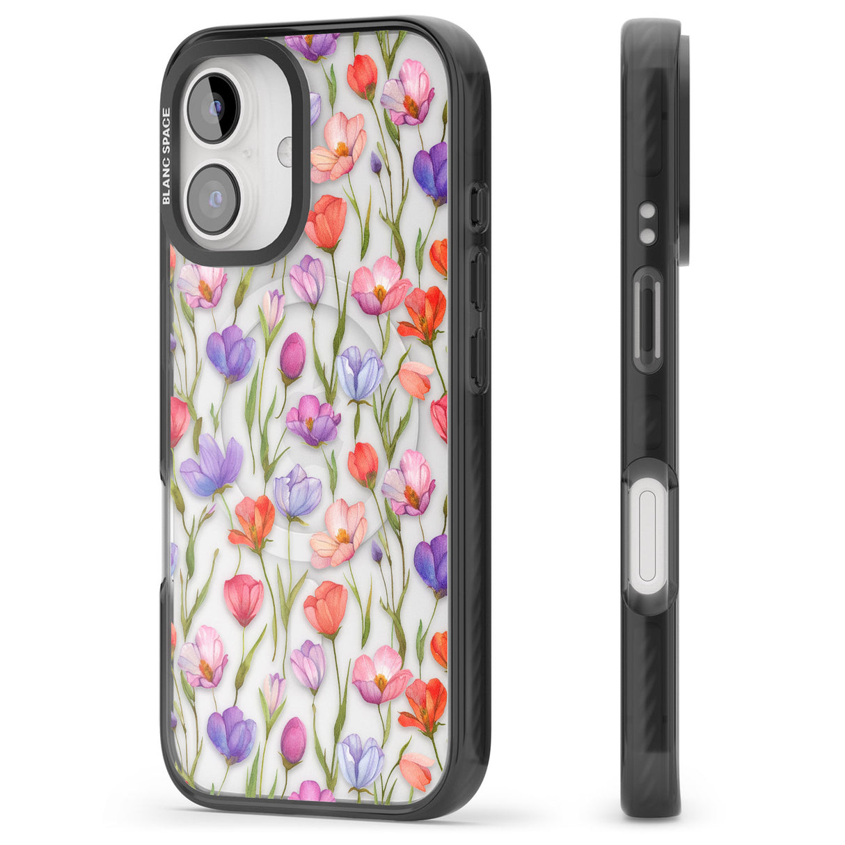 iPhone 16 Pro Max Red, Pink & Purple Flowers Black Impact Phone Case + Magsafe