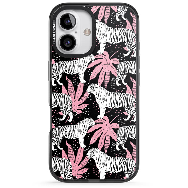 iPhone 16 Pro Max White Tigers on Black Pattern Black Impact Phone Case