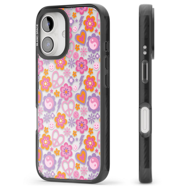 iPhone 16 Pro Max Peace, Love and Flowers Pattern Black Impact Phone Case