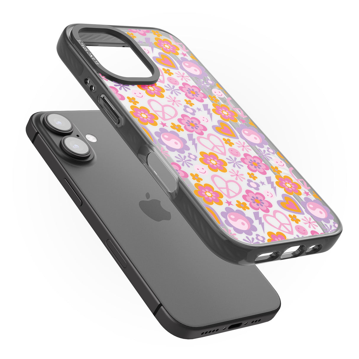 iPhone 16 Pro Max Peace, Love and Flowers Pattern Black Impact Phone Case