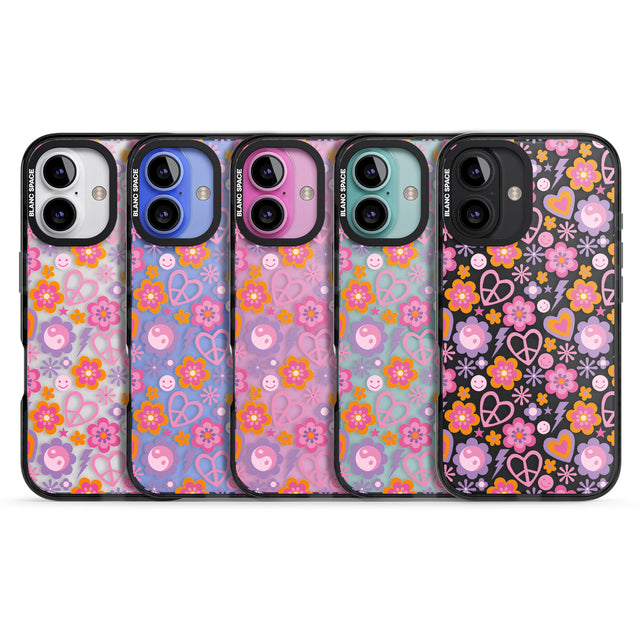 iPhone 16 Pro Max Peace, Love and Flowers Pattern Black Impact Phone Case