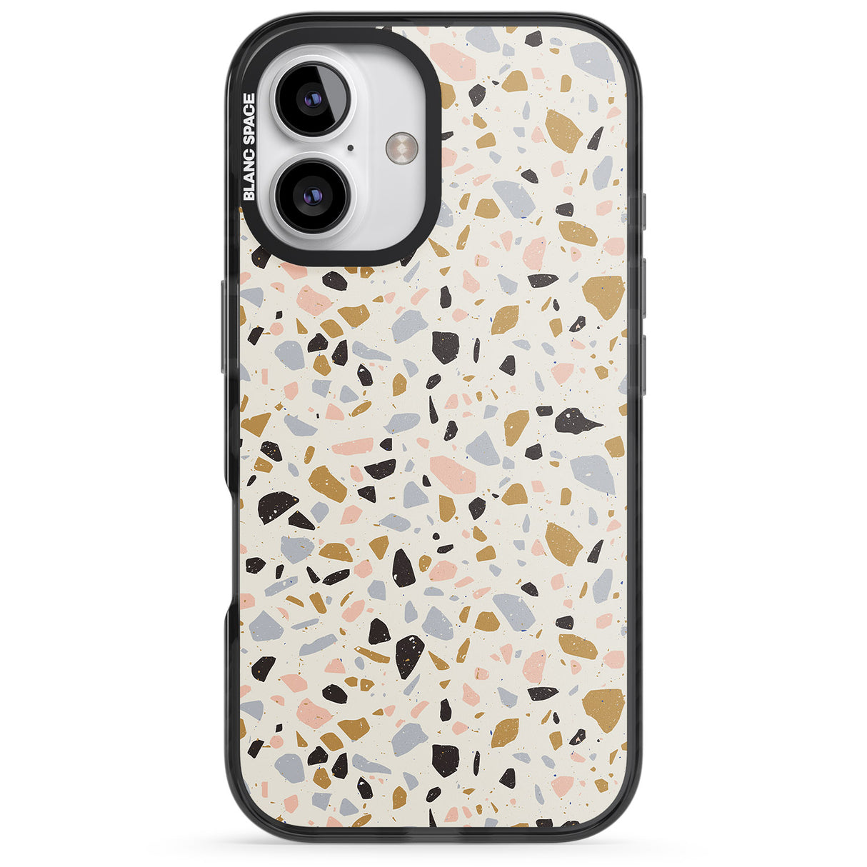 iPhone 16 Pro Max Pale Pink, Blue, & Mocha Terrazzo Pattern Black Impact Phone Case