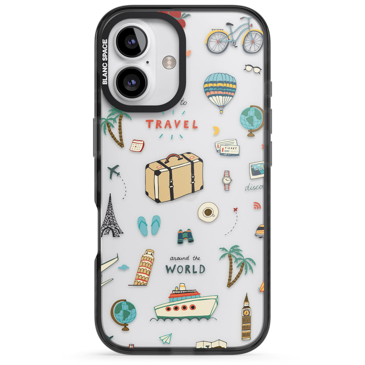 iPhone 16 Pro Max Cute Travel Pattern Transparent Black Impact Phone Case