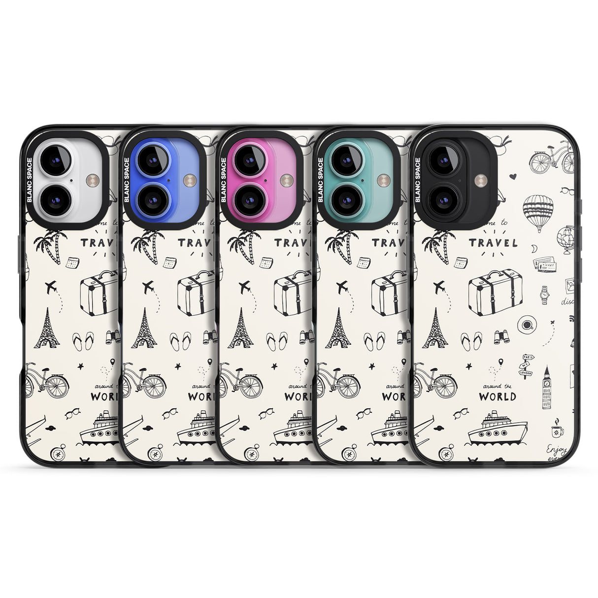 iPhone 16 Pro Max Cute Travel Pattern, White on Black Impact Phone Case