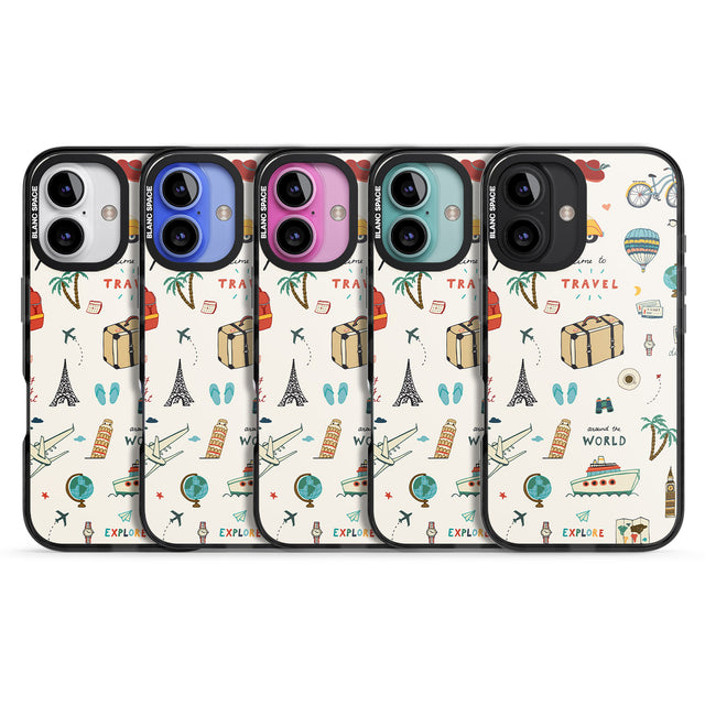 iPhone 16 Pro Max Cute Travel Pattern Cream Black Impact Phone Case