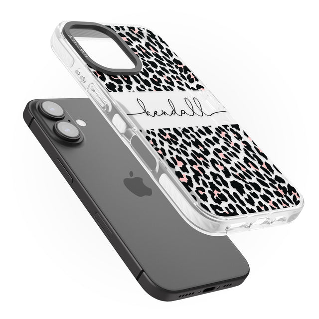 iPhone 16 Pro Max Personalised Pink & Cursive Leopard Spots Black Impact Phone Case