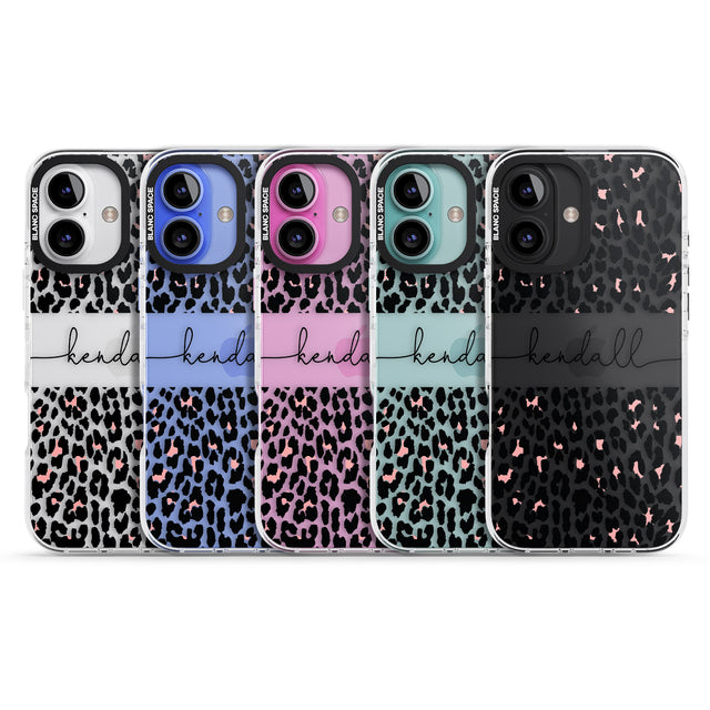 iPhone 16 Pro Max Personalised Pink & Cursive Leopard Spots Black Impact Phone Case