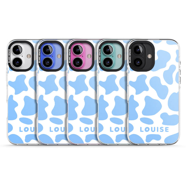 iPhone 16 Pro Max Personalised Blue and White Cow Print Black Impact Phone Case