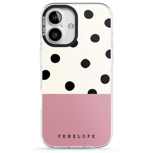 iPhone 16 Pro Max Personalised Pink Border Polka Dot Black Impact Phone Case