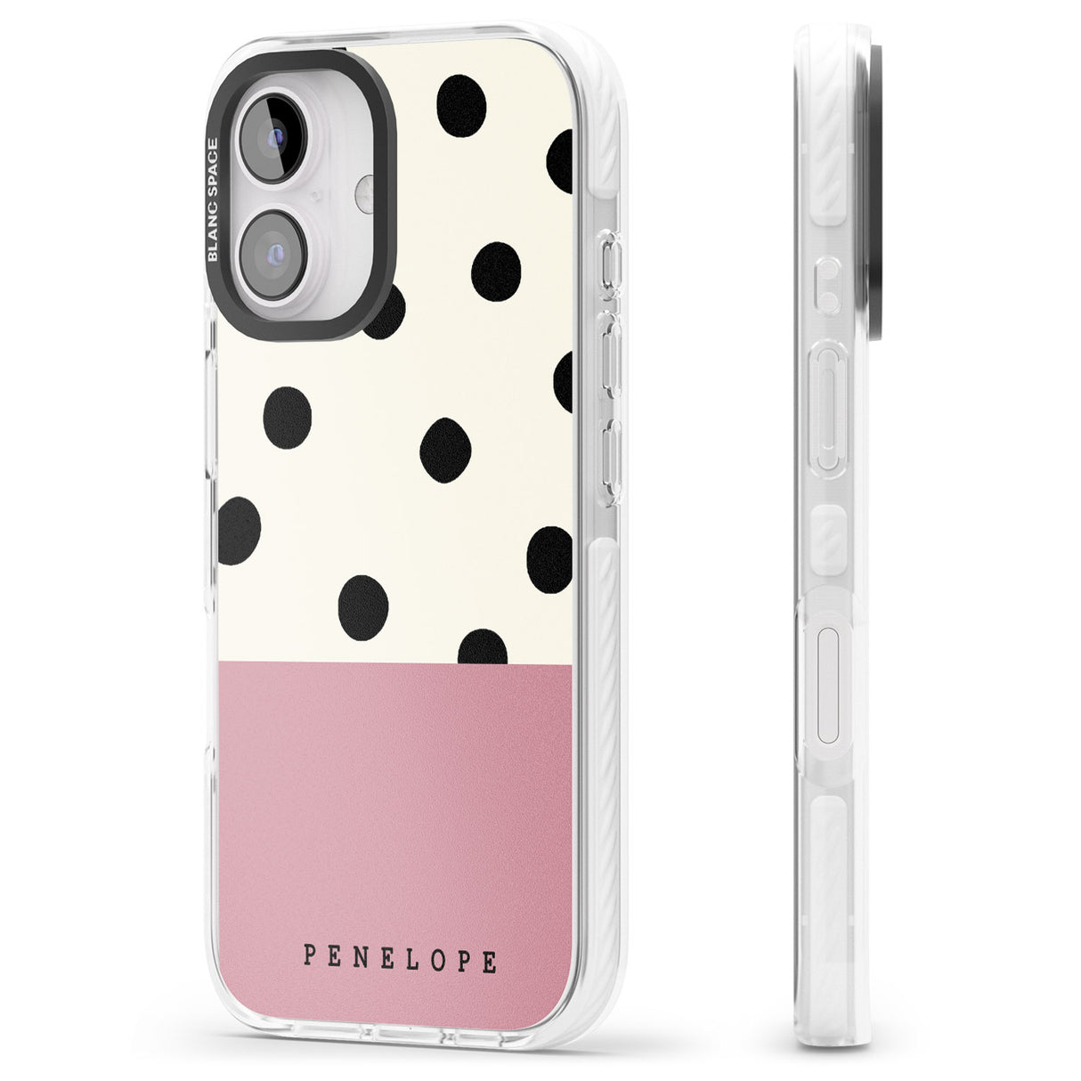 iPhone 16 Pro Max Personalised Pink Border Polka Dot Black Impact Phone Case