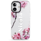 iPhone 16 Pro Max Personalised Cherry Blossoms with Text Black Impact Phone Case