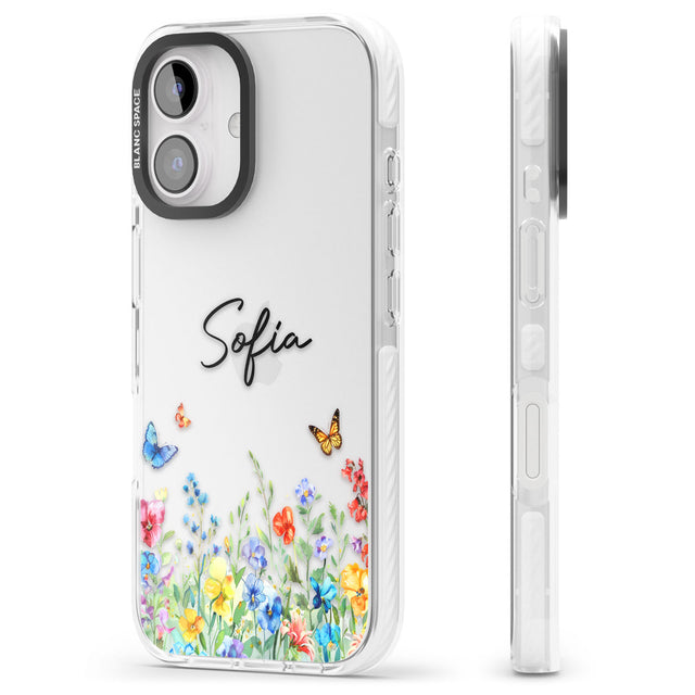 Personalised Buterflies & Wildflowers Impact Phone Case for iPhone 16, iPhone 16 Plus