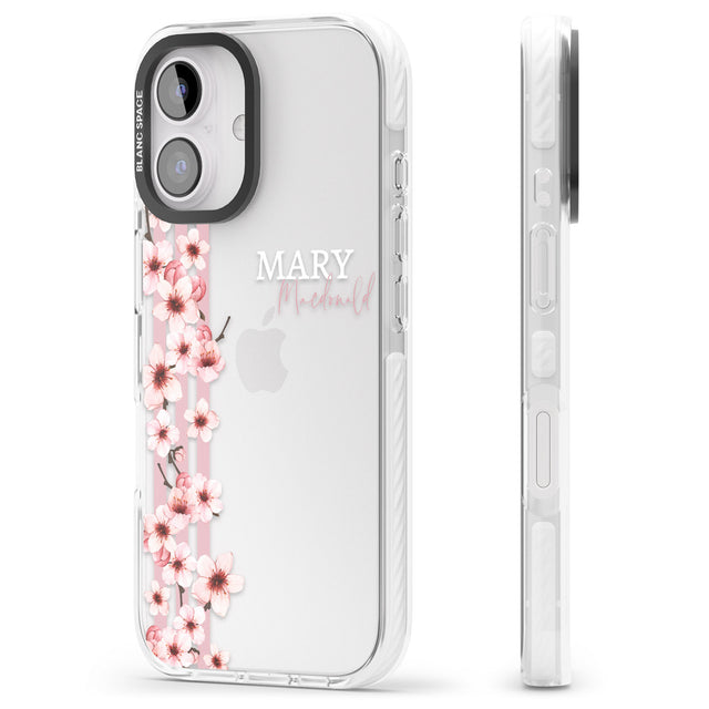 iPhone 16 Pro Max Personalised Cherry Blossoms & Stripes Black Impact Phone Case