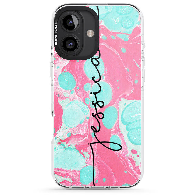 iPhone 16 Pro Max Personalised Turquoise & Pink - Marbled Black Impact Phone Case