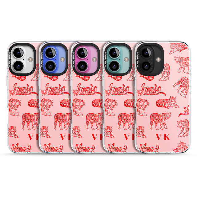 iPhone 16 Pro Max Personalised Red Tiger Outlines on Pink Black Impact Phone Case