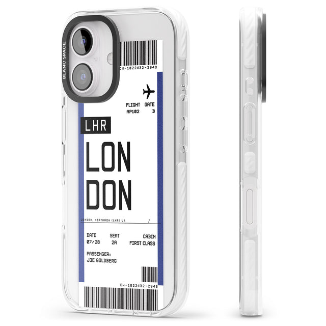 iPhone 16 Pro Max Personalised London Boarding Pass Black Impact Phone Case